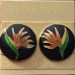 Vintage Cloisonné Enamel Flower Clip On Earrings Bird Of Paradise Design Round